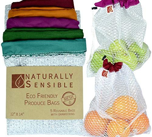 Naturally Sensible Reusable Produce Bags | Sturdy Mesh Grocery Tote (5 Bag Set)