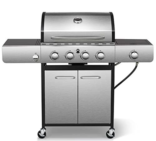 R.W.FLAME 42,000 BTU Propane Gas Grill with 4-Burner,BBQ Grill with Side Burner and Cast Iron Grates Stainless Steel Grill 486 sq. in Grilling Areas for Patio Garden Barbecue Camping,Silver