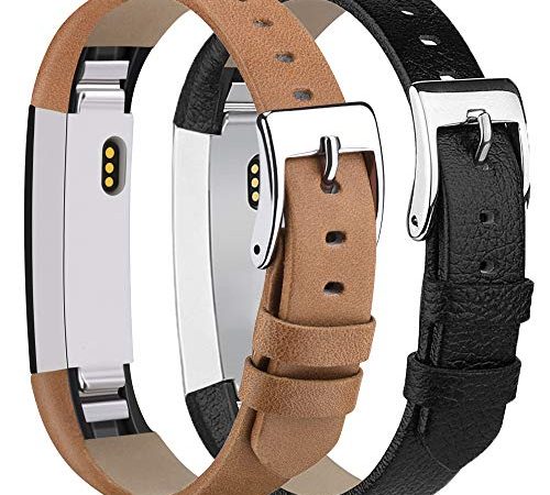 Tobfit Leather Bands Compatible with Fitbit Alta/Alta HR Bands, Genuine Leather Replacement Wristbands, (Black+Tan, 5.5''-8.1'')