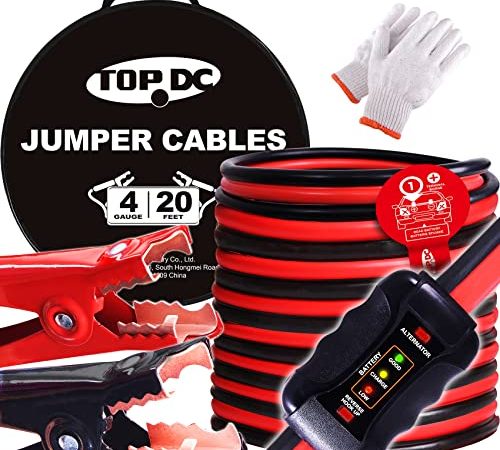 TOPDC 4 Gauge 20 Feet Smart Jumper Cables for Car, SUV and Trucks Battery with Battery Condition Tester, Heavy Duty Automotive Booster Cables for Jump Starting Dead or Weak Batteries with Carry Bag