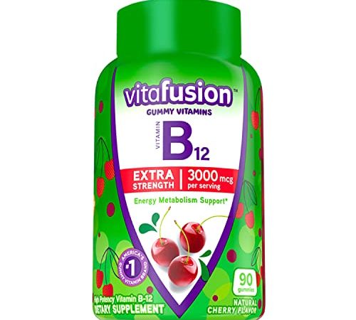 Vitafusion Extra Strength Vitamin B12 Gummy Vitamins For Energy Metabolism Support and Nervous System Health Support, Cherry Flavored, America’s Number 1 Gummy Vitamin Brand, 45 Day Supply, 90 Count