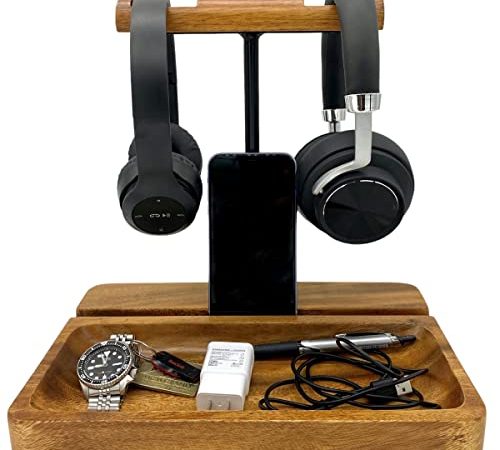 WRIGHTMART Wooden Headphone Stand, Universal Dual Headset Holder, Desktop Earphone Hanger, Cell Phone Tablet Slot, Décor for a Busy Office Workspace, Large Catch All Base Tray Acacia Wood