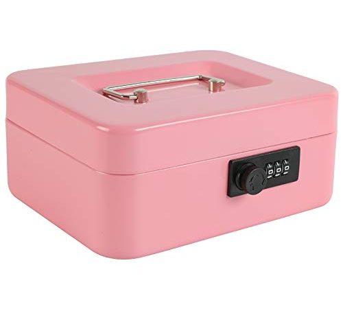 Xydled Cash Box with Money Tray,Locking Cash Box with Combination Lock,Money Box with Removable Coin Tray,Medium,9.84 inchx 7.87 inchx 3.54 inch,Pink